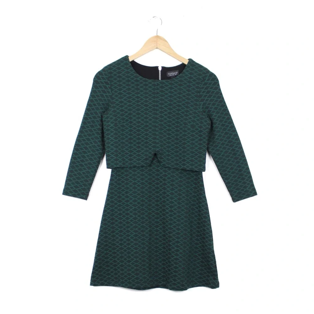Topshop Geo Print Notch Overlay 3/4 Sleeve Mini Dress - Picture 2 of 14